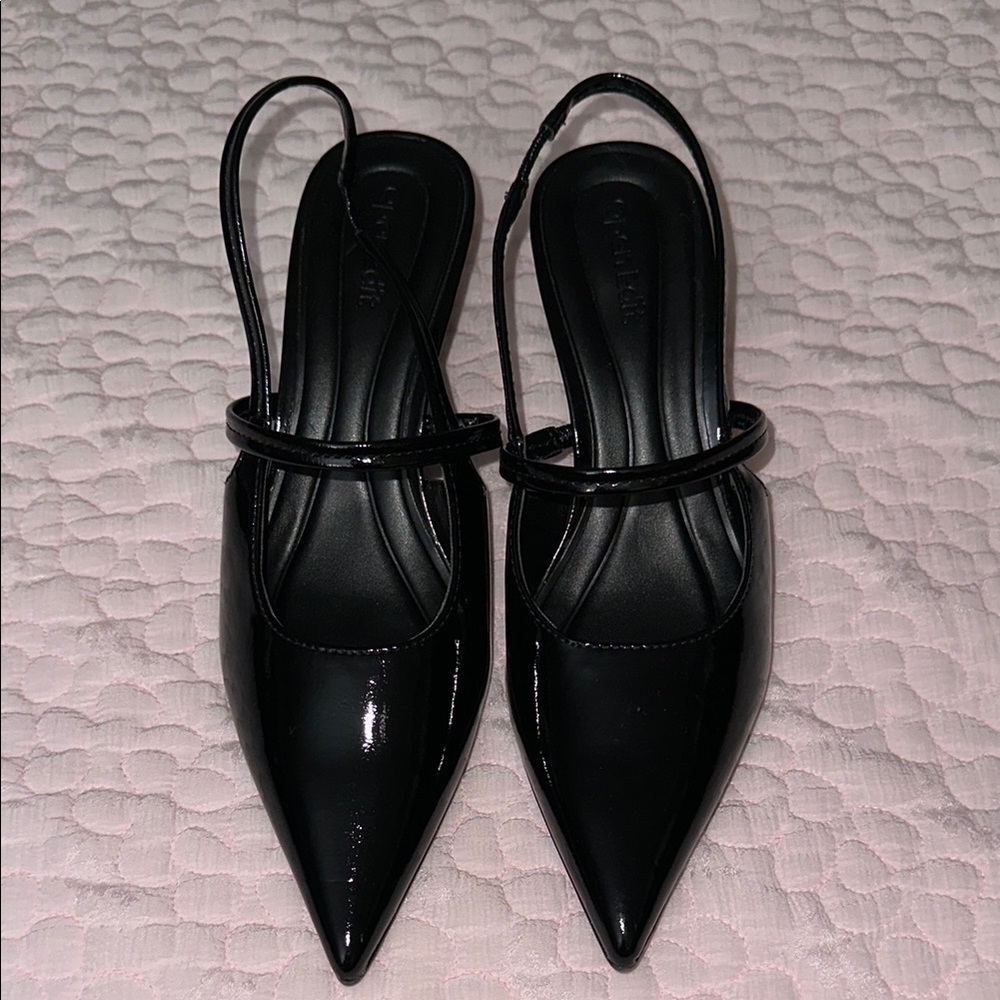 Open Edit Black Patent Leather Slingback Pointed Toe Heels